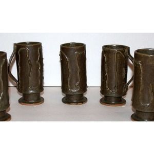 Stoneware‎ Mugs Handmade Studio Pottery Brown Olive Green Lot of 5 Unsigned